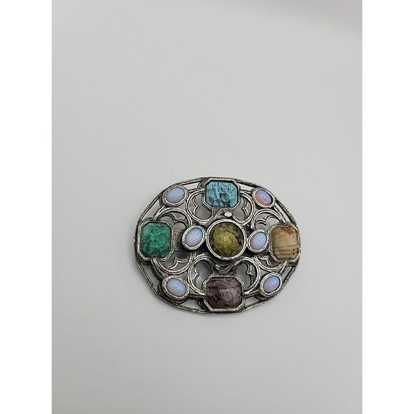 Vintage Miracle Scottish Celtic Brooch Faux Agate Opal Glass Stones Silver tone - Picture 7 of 13